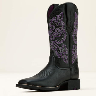 Bota Round Up Wide Square Toe StretchFit Western Black Deertan Dama