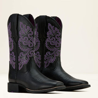 Bota Round Up Wide Square Toe StretchFit Western Black Deertan Dama