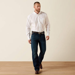 Camisa Ariat Wrinkle Free Cal Classic Fit White Medallieon Print Caballero