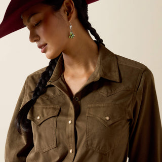 Camisa Ariat Autumn Drift Western Snap Olive Suede Dama