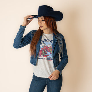 Chamarra Rock & Roll Denim Fringe Cropped Dama