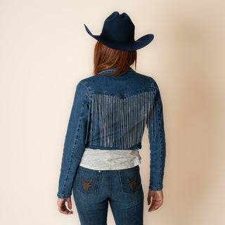 Chamarra Rock & Roll Denim Fringe Cropped Dama