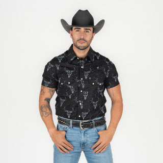 Camisa Rock & Roll Denim Dale Longhrn Print Black Caballero