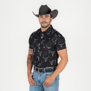 Camisa Rock & Roll Denim Dale Longhrn Print Black Caballero