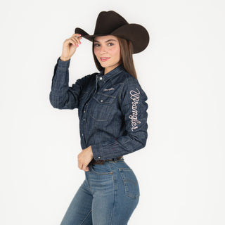 Camisa Wrangler Mezclilla Logo Rosa Dama