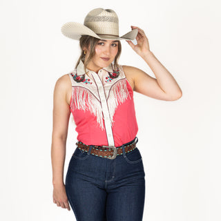 Camisa Rock & Roll Denim Sleeveless Snap Retro Pink Dama