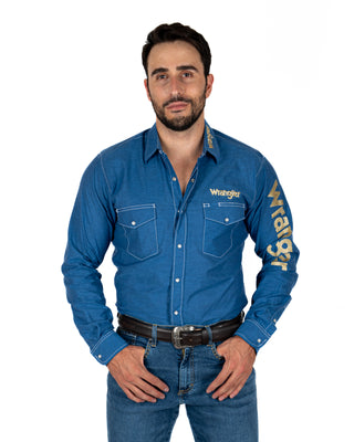 Camisa Wrangler Mezclilla Logo Manga Caballero