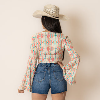 Blusa Rock & Roll Denim Bell Sleeve Dama