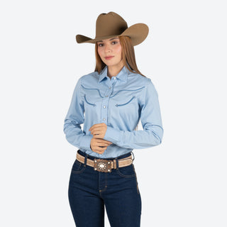 Camisa Kimes Ranch Logo Horn Long Light Blue Dama