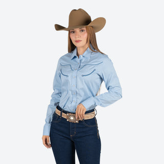 Camisa Kimes Ranch Logo Horn Long Light Blue Dama