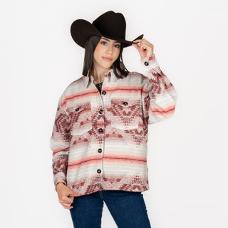 Chamarra Rock & Roll Denim Aztec Sherpa Lining Natural Dama