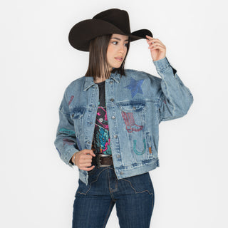 Chamarra Rock & Roll Denim Studded Light Wash Dama