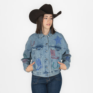 Chamarra Rock & Roll Denim Studded Light Wash Dama