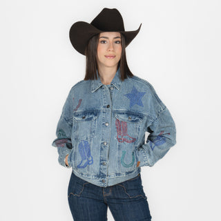 Chamarra Rock & Roll Denim Studded Light Wash Dama