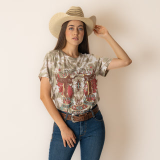 Blusa Rock & Roll Denim Tie Dye Graphic Off White Dama