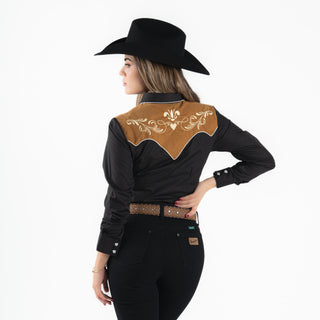 Camisa Espuela De Oro Gamuza Camel Negro Dama