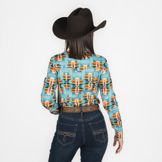 Camisa Rock & Roll Denim Aztec Print Teal Dama