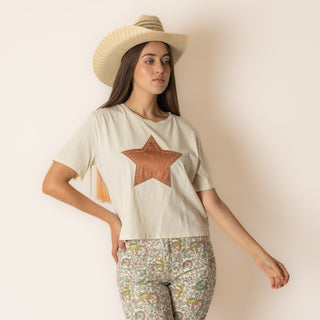 Blusa Rock & Roll Denim Star Applique Beige Dama