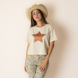 Blusa Rock & Roll Denim Star Applique Beige Dama