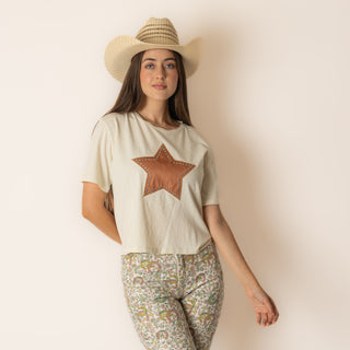 Blusa Rock & Roll Denim Star Applique Beige Dama