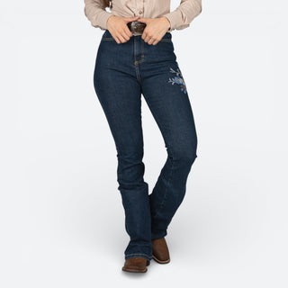 Jeans Wrangler Flare Cintura Alta Flor Azul Dama
