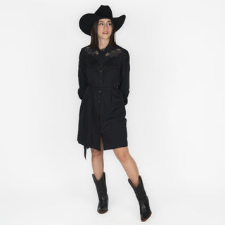 Vestido Rock & Roll Denim Embroidered With Fringe Black Dama