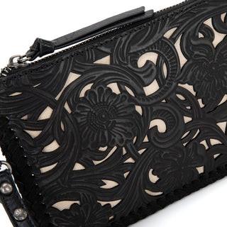 Cartera/ Crossbody Black Trinity Ranch Leather Floral Tooled Collection Dama