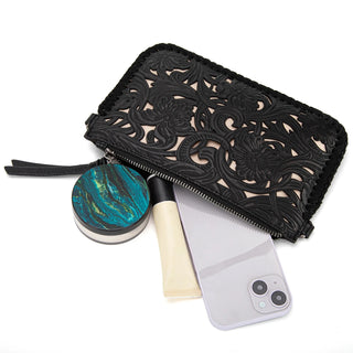 Cartera/ Crossbody Black Trinity Ranch Leather Floral Tooled Collection Dama