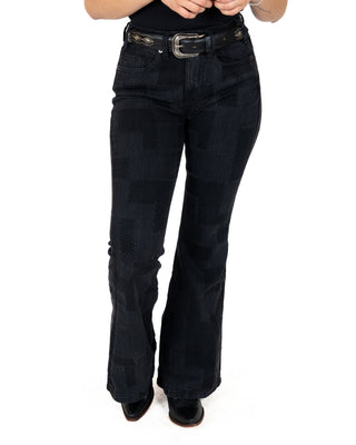 Jeans Rock & Roll Denim Black Patched High Rise Flares Dama