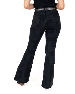 Jeans Rock & Roll Denim Black Patched High Rise Flares Dama