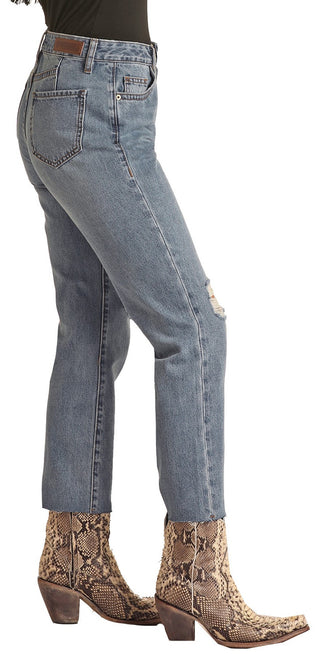 JEANS ROCK & ROLL DENIM HIGH RISE DISTRESSED STRAIGHT CROPPED DAMA