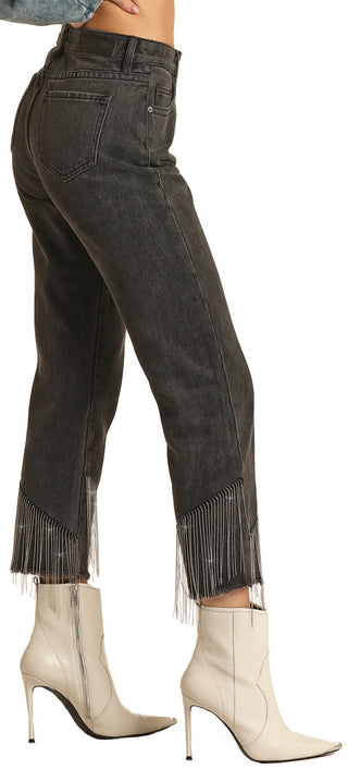 JEANS ROCK & ROLL DENIM HIGH RISE CHAIN FRINGE STRAIGHT CROPPED DAMA