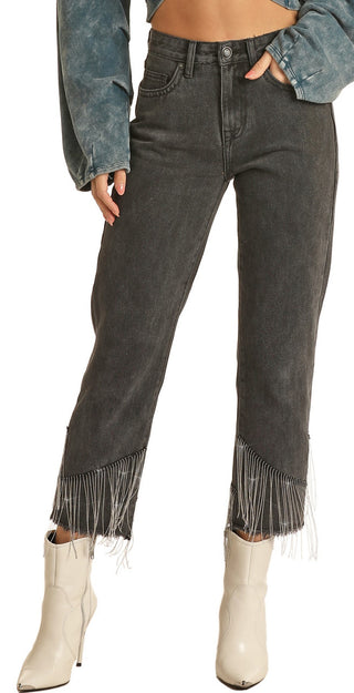 JEANS ROCK & ROLL DENIM HIGH RISE CHAIN FRINGE STRAIGHT CROPPED DAMA