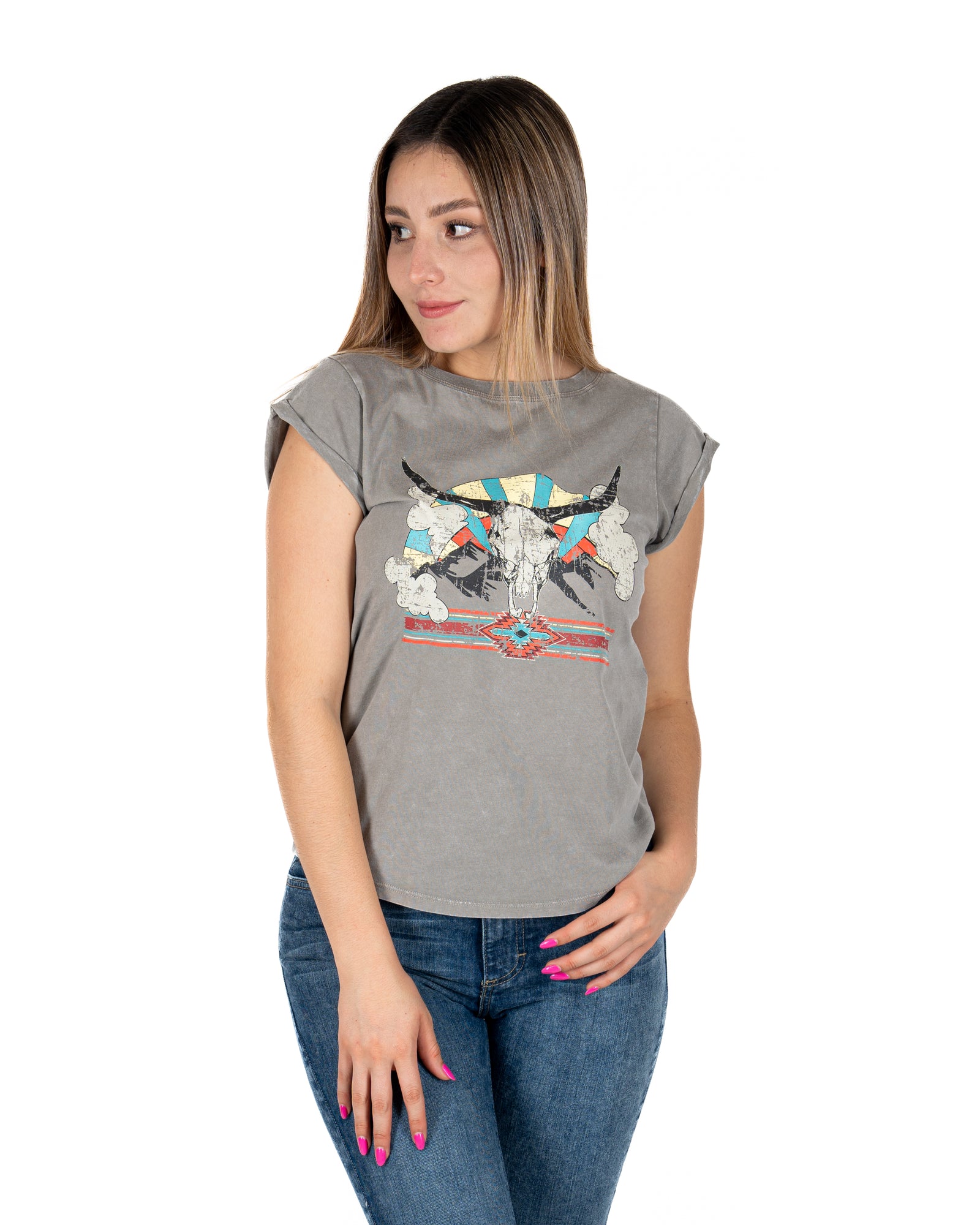 Blusa Rock & Roll Denim Muscle Tee Whit Steer Graphic Dama