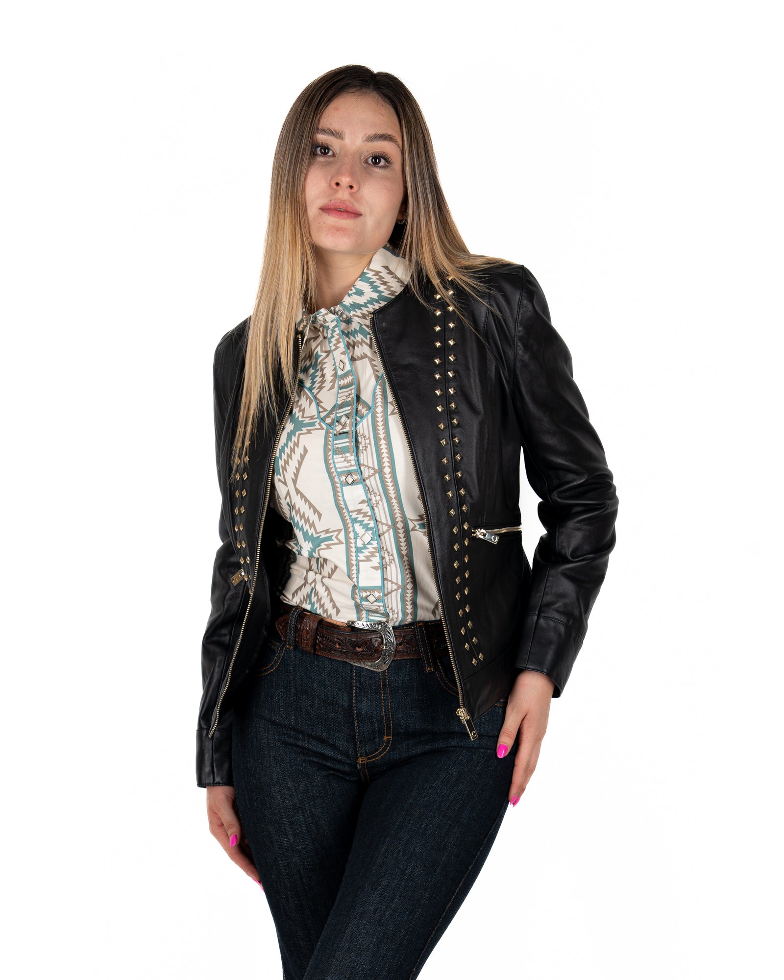 Chamarra Cuadra Piel Negro Dama
