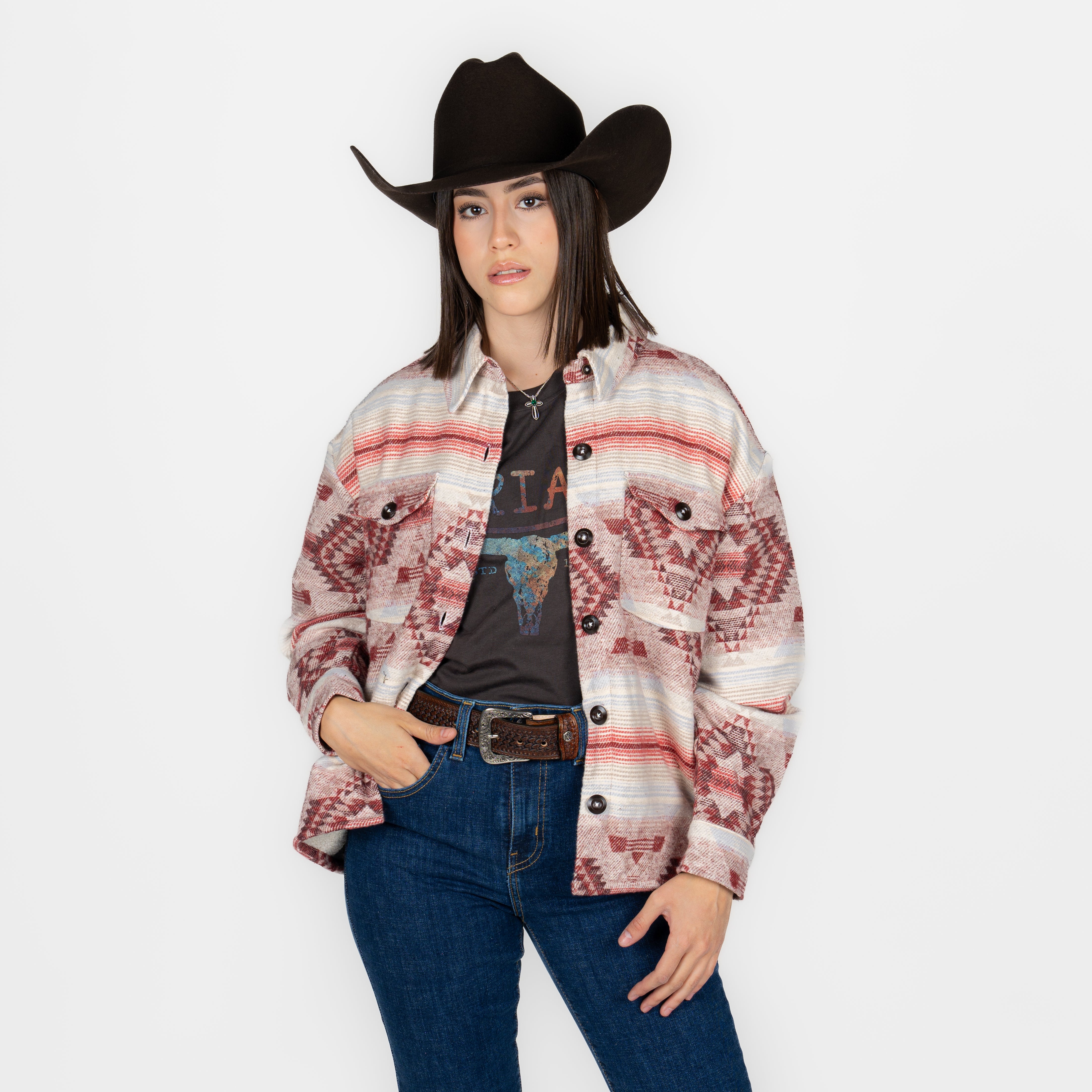 Chamarra Rock Roll Denim Aztec Sherpa Lining Natural Dama