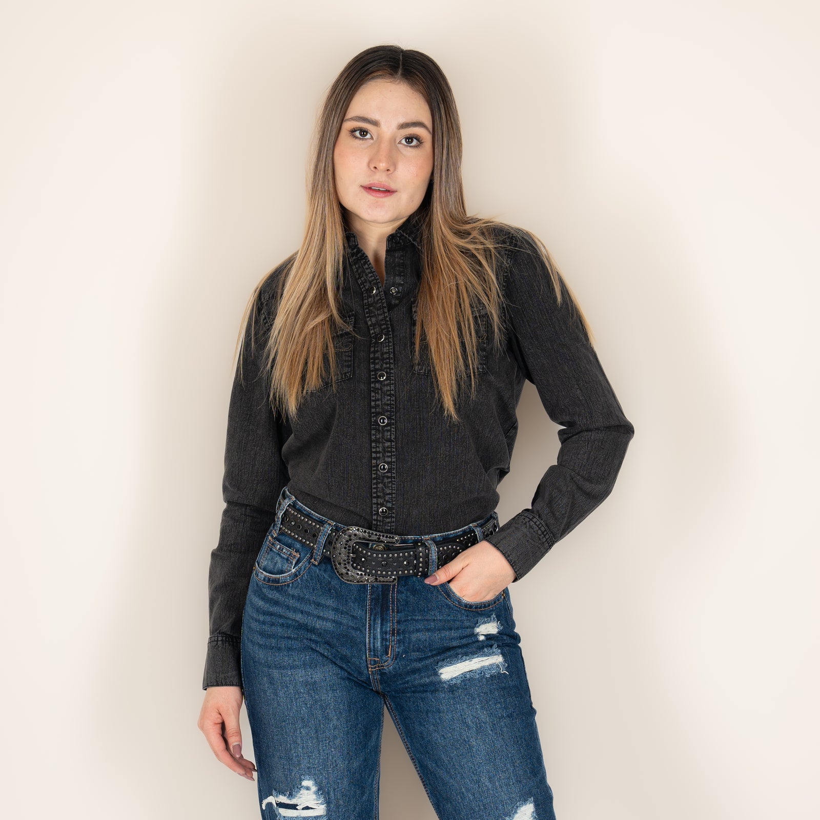 Camisa Kimes Ranch Kaycee Denim Black Dama