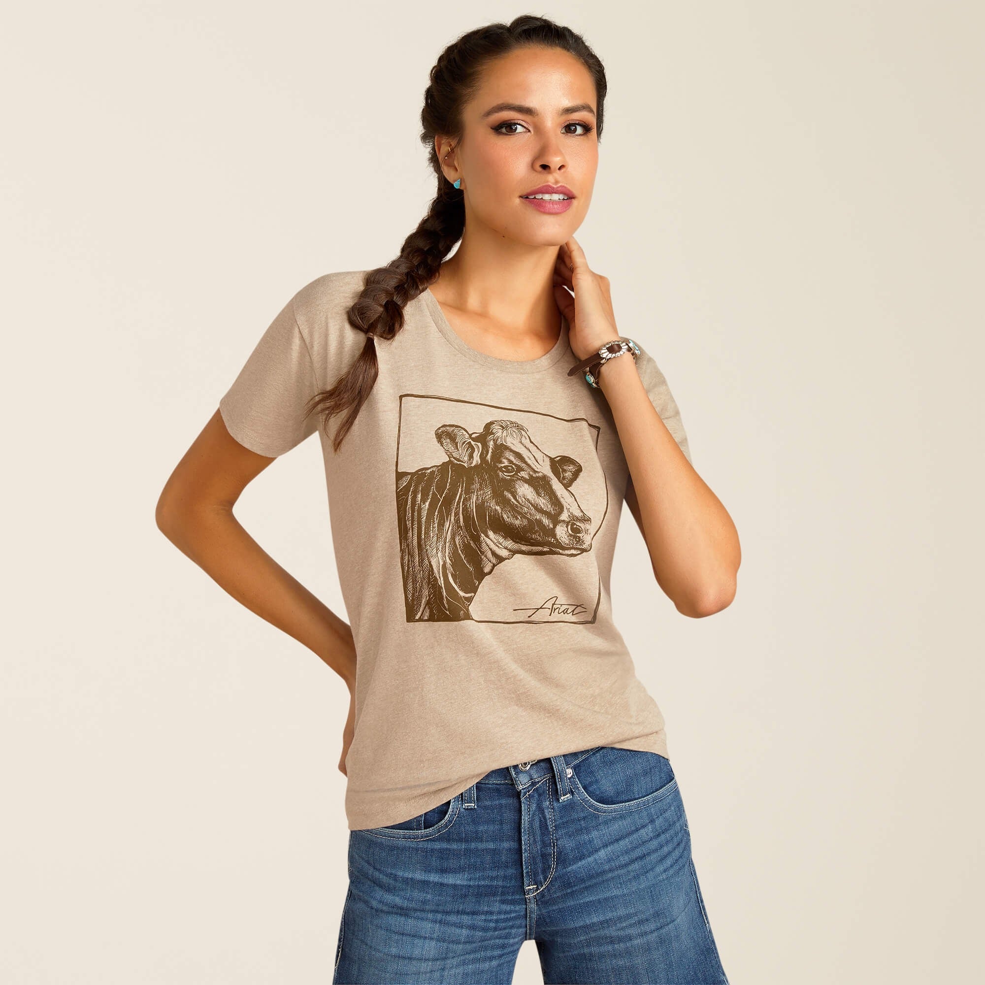 Blusa Ariat Cow Cover Oatmeal Heather Dama