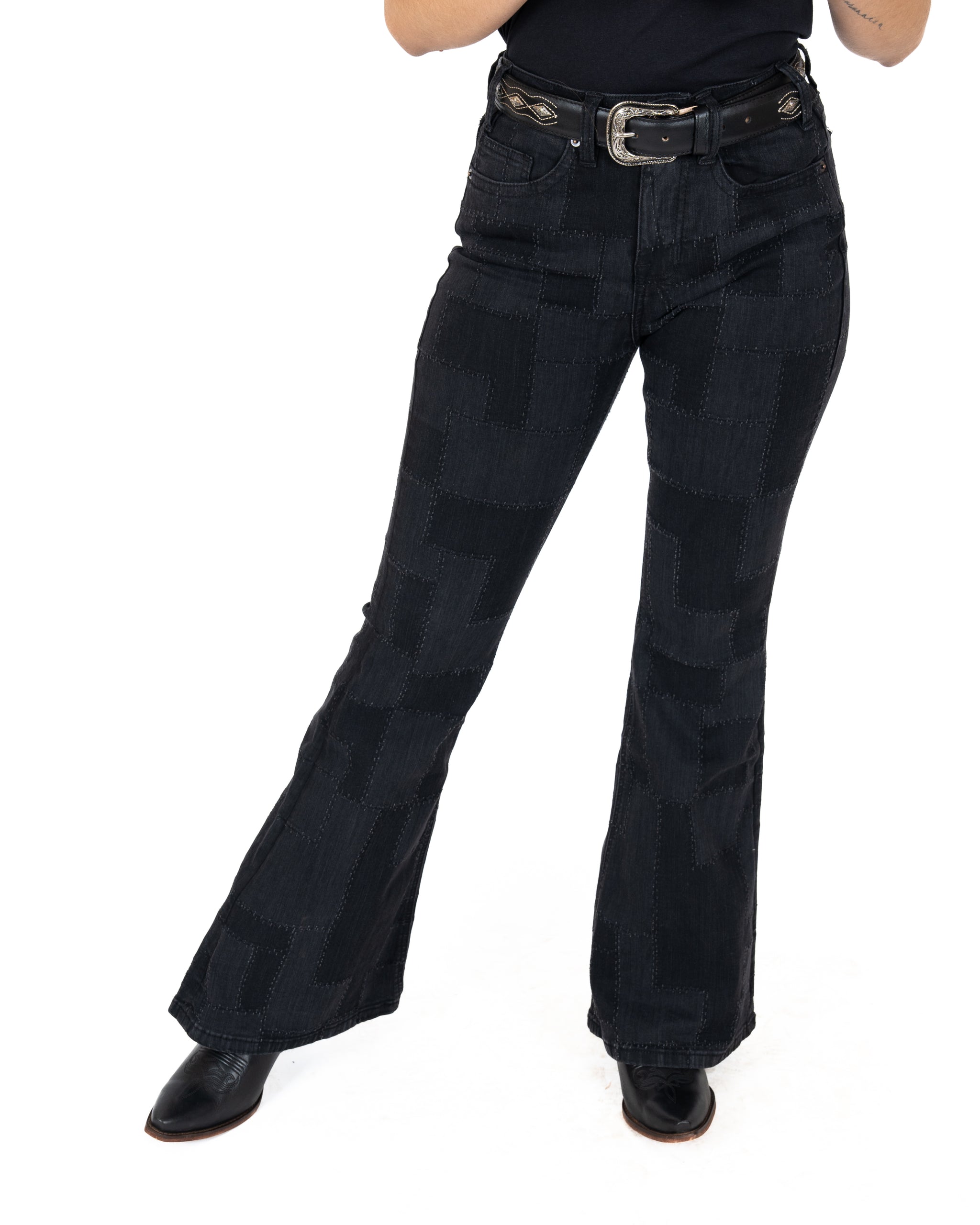Jeans Rock & Roll Denim Black Patched High Rise Flares Dama