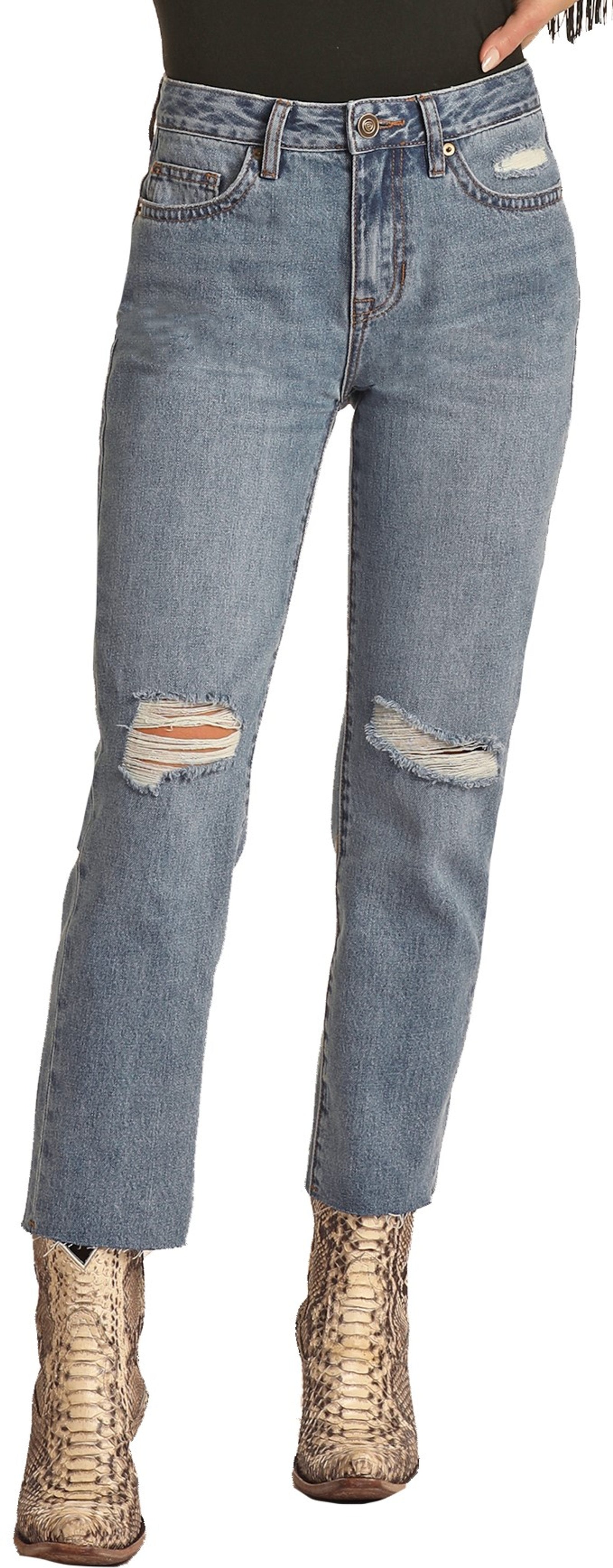 JEANS ROCK & ROLL DENIM HIGH RISE DISTRESSED STRAIGHT CROPPED DAMA
